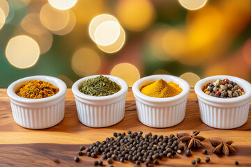 Various spices in bowls on a wooden dining table and black peppercorns scattered on the table.