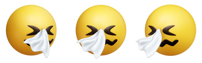 Sneezing face three-dimensional emoji. Blowing nose emoticon isolated on transparent background. 3D rendering