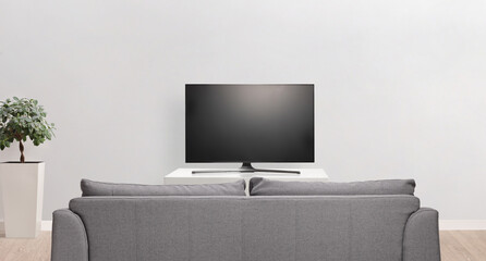Sofa in front of a TV with blank screen