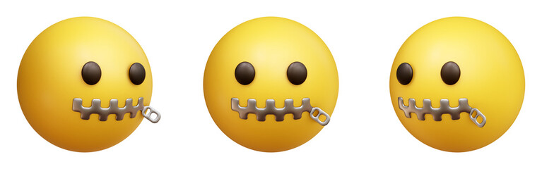 Zipper mouth face three-dimensional emoji. Mouth sealed shut emoticon isolated on transparent background. 3D rendering