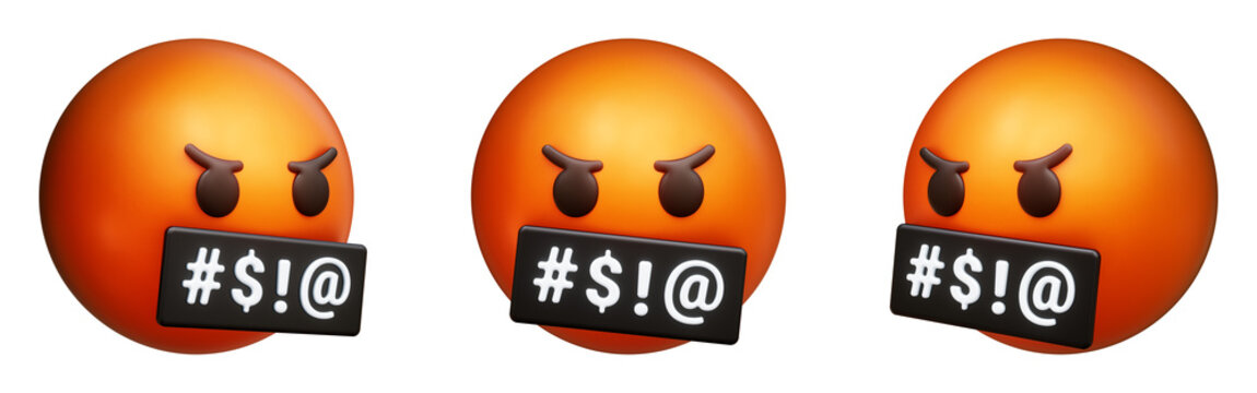 Angry face with symbols on mouth three-dimensional emoji. Swearing emoticon isolated on transparent background. 3D rendering