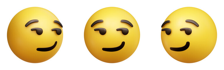 Smirking face three-dimensional emoji. Smug or flirtatious emoticon isolated on transparent background. 3D rendering