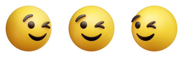 Winking face three-dimensional emoji isolated on transparent background. 3D rendering