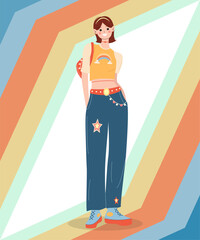 y2k character, 90s, girl, background with lines, vector illustration