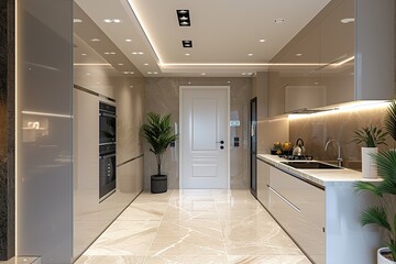 studio apartment in gray, white and beige colors and tones. White furniture and door. Expensive and luxury design