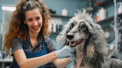 Female groomer cleans Afghan hound puppy at dog salon