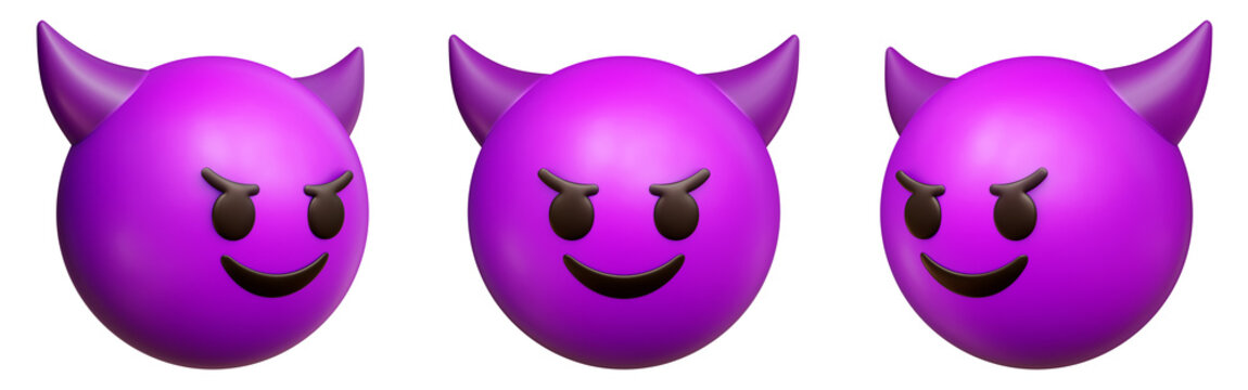 Smiling face with horns three-dimensional emoji. Devilish emoticon isolated on transparent background. 3D rendering