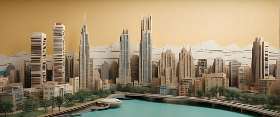Artistic paper cut-out style city skyline