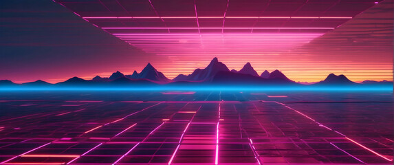 Synthwave landscape with neon grid and mountains
