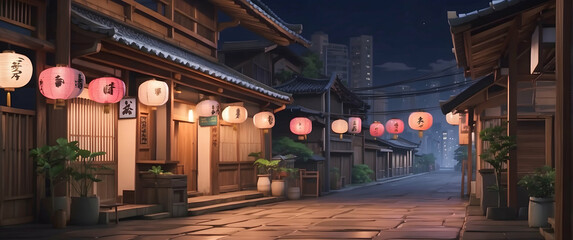 Traditional Japanese street with lanterns