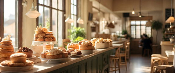 Cozy bakery interior with fresh pastries - Powered by Adobe