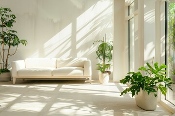 Minimal living room with indoor plants. Bright authentic home interior with plants. Home gardening and biophilic design Sunlight fills the spacious, airy rooms