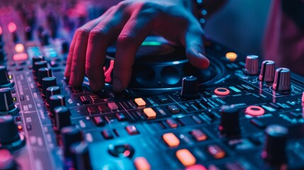 Close-up of a hand playing recorder on a dj mixer at an energetic live music concert