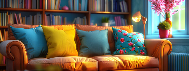beautiful blue sofa with colorful pillows