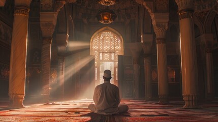 Devout Muslim man Engaged In Solemn Prayer Within the Serene Environs of a Beautifully Ornate Mosque Created With Generative AI Technology - Powered by Adobe
