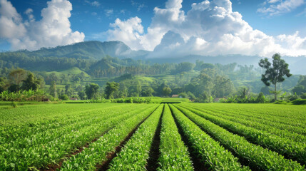 Expansive green tea fields stretching under a cloudy sky with mountainous background, embodying serene agriculture.
