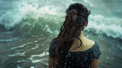 Girl with damp hair in the ocean