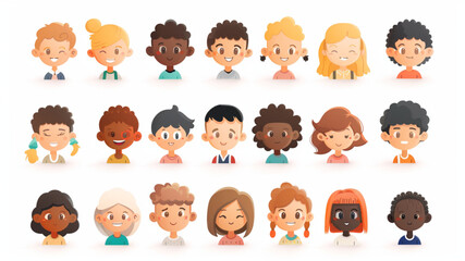 set of children, boys and girls in flat style on white background vector 3D avatars set vector icon, white background, black colour icon