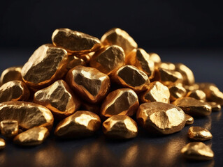 A heap of gold, a pile of raw gold stones. Golden nuggets. Golden stone on a black background. Financial banking business concept. The price of gold is rising, trading.	
