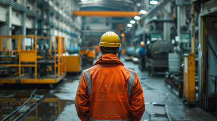 A male worker in safety gear stands watching over large industrial machinery in a busy factory setting.