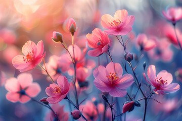 Radiant pink blossoms glowing in the ethereal morning light