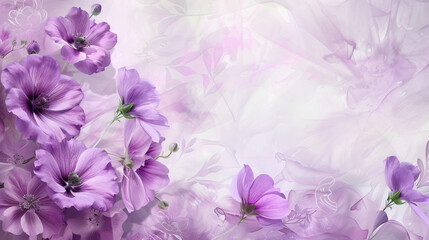 Abstract floral backdrop of purple flowers over pastel colors with soft style for spring or summer time. Banner background with copy space.