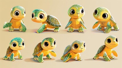 8 cute green baby sea turtles in different poses, all with big eyes and happy expressions.