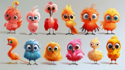 Obraz premium A colorful group of cartoon birds with various funny facial expressions.
