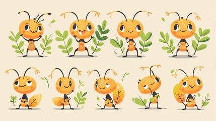 Obraz premium A cute cartoon ant carrying a green leaf. The ant is smiling and looks happy. It is a illustration.