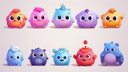 A colorful group of cute cartoon monsters. They are all different colors and shapes, and they all have different expressions on their faces.