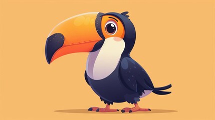 Naklejka premium A cute cartoon toucan with a big colorful beak. It has black feathers and a white belly. It's standing on two orange feet and looking at the viewer with curious eyes.