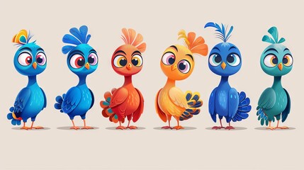 Obraz premium A group of cartoon peafowl with different colored feathers.