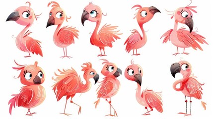 Obraz premium A flock of lovely pink flamingos in various poses. They are cartoon-like and have different facial expressions.
