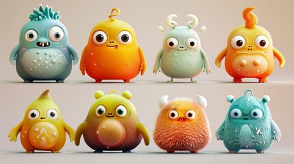 A group of cute and colorful 3D cartoon characters. They are all different shapes and sizes, and have different facial expressions.
