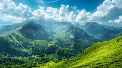 Naklejka premium Panoramic view of lush green mountains with jagged peaks under a clear blue sky with fluffy clouds.