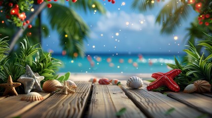 Decor seashells on a wooden board with a tropical beach background, blending holiday and summer vibes.