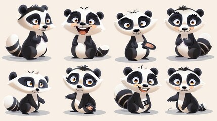 A group of cute cartoon skunks in various poses. They are black and white with big eyes and fluffy tails.
