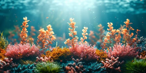 A vivid underwater garden of colorful corals and plants, illuminated by gentle sunlight filtering through the ocean.