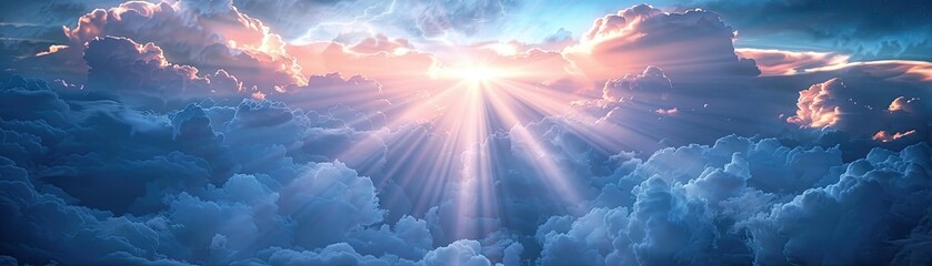 The radiant beams of divine light descending from the heavens symbolize the omnipresence and boundless love of God
