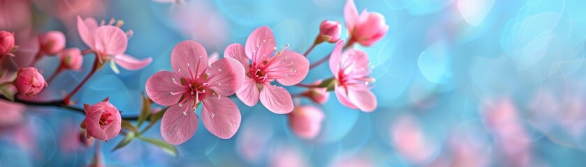 The pink flowers are captured in a close-up shot against a backdrop of vibrant blue