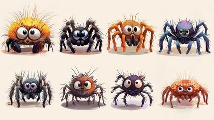 A group of eight cartoon spiders with different colors and features. They all have big eyes and are looking in different directions.