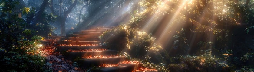 The staircase leads to a fantasy realm illuminated by the bright sunlight during the day, perfect for exploration