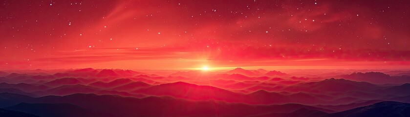 The vibrant red backdrop or landscape showcases a stunning sunrise, adorned with stars, offering ample space for text