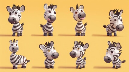 A set of 3D rendered cartoon zebras in various poses against a yellow background.