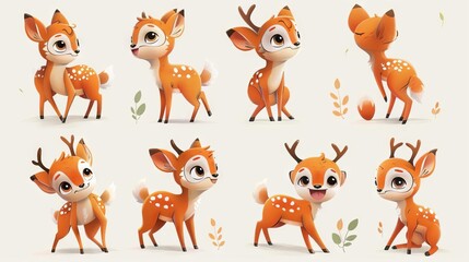 Fototapeta premium A set of cute deer illustrations. The deer are in various poses.
