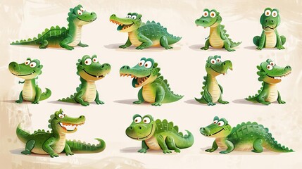 Cute cartoon crocodiles. Funny green alligator. Crocodile with different emotions.