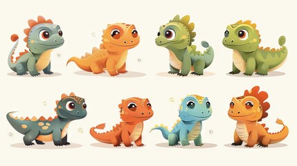 Cute cartoon dinosaurs in various colors. Perfect for children's books, games, or animations.