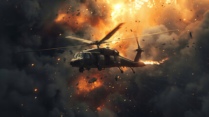 War. the helicopter begins to fall in the air hit by a missile