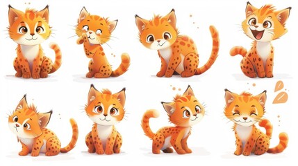 Cute cartoon lynx. Collection of different poses. Vector illustration.