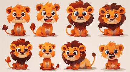 Cute cartoon lion characters. Vector illustration set.